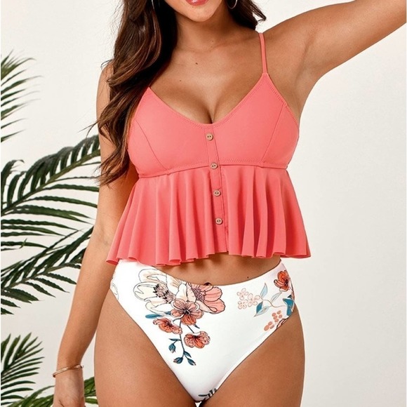 Pink And Floral Ruffle Buttoned Tankini - Picture 2 of 12